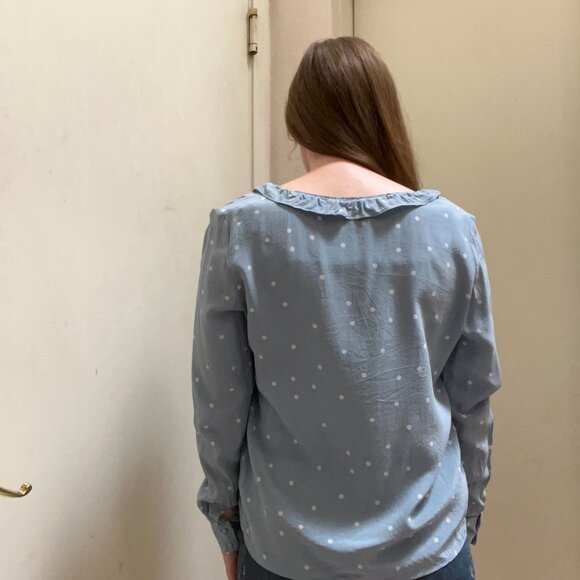 Sézane Light Blue Silk Ruffle Blouse w/ White Polka Dots | Size 40 (US 8/M) - Picture 3 of 7